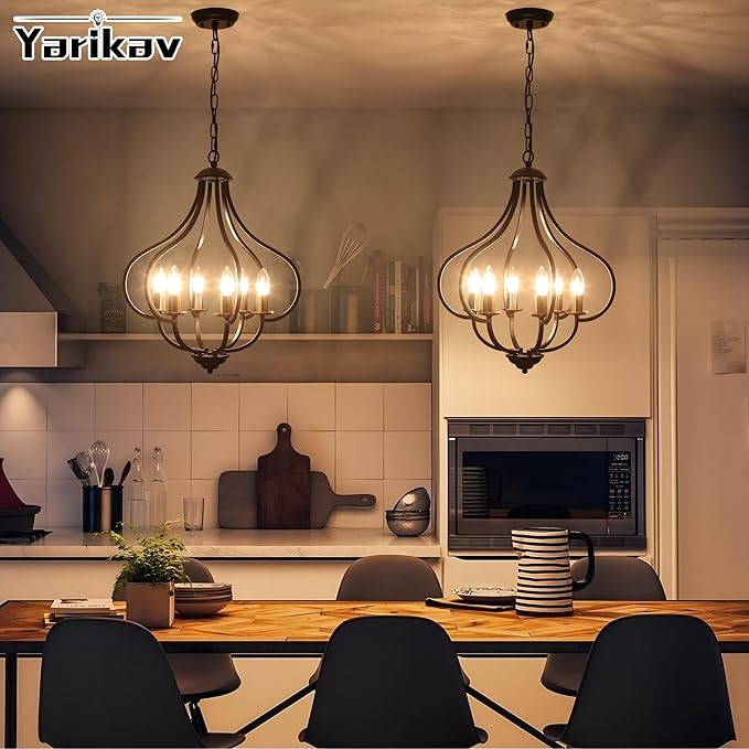 6 Lights Black Farmhouse Chandelier for Dining Room, Vintage Pendant Light Fixture Adjustable Hanging for Kitchen Island Foyer Hallway