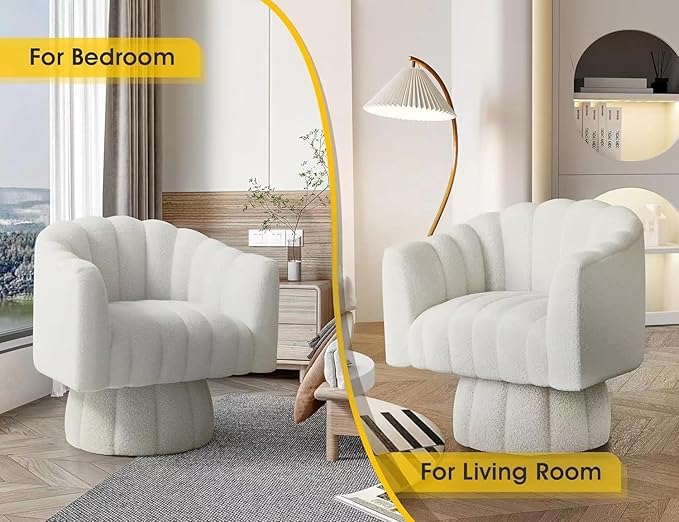 360 Degree Sherpa Swivel Cuddle Barrel Accent Sofa Chairs, Round Teddy Armchairs with Wide Upholstered, Furry Boucle Reading Chair for Living Room, Bedroom, Office, Waiting Rooms (White)