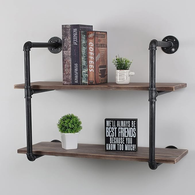 MBQQ Industrial Pipe Shelving Wall Mounted,30in Rustic Metal Floating Shelves,Steampunk Real Wood Book Shelves,Wall Shelf Unit Bookshelf Hanging Wall Shelves,Farmhouse Kitchen Bar Shelving(2 Tier)