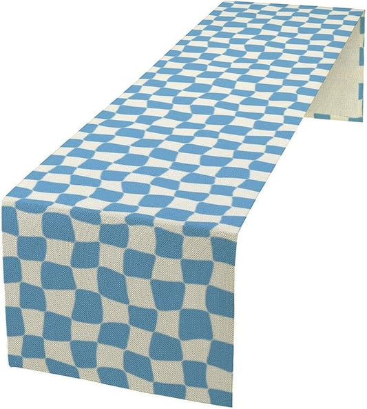 70s Hippie Table Runner Groovy Blue Twisted Checkered Funky Modern Geometric Boho Dinner Runner for Living Room Kitchen Party Holiday Dinner Home Decor 13x120in