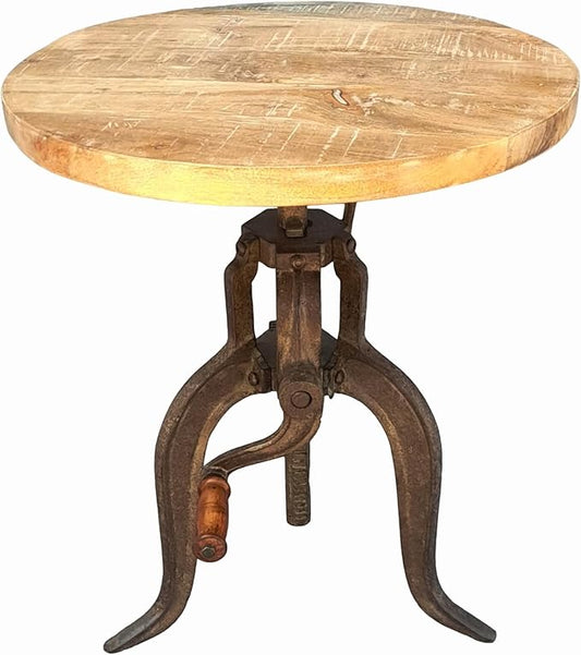 NACH Solid Mango Wood/Cast Iron Kai Adjustable Crank Side Table, Rustic Black, 18" x 1.13" x 18-27", CC-1816RB