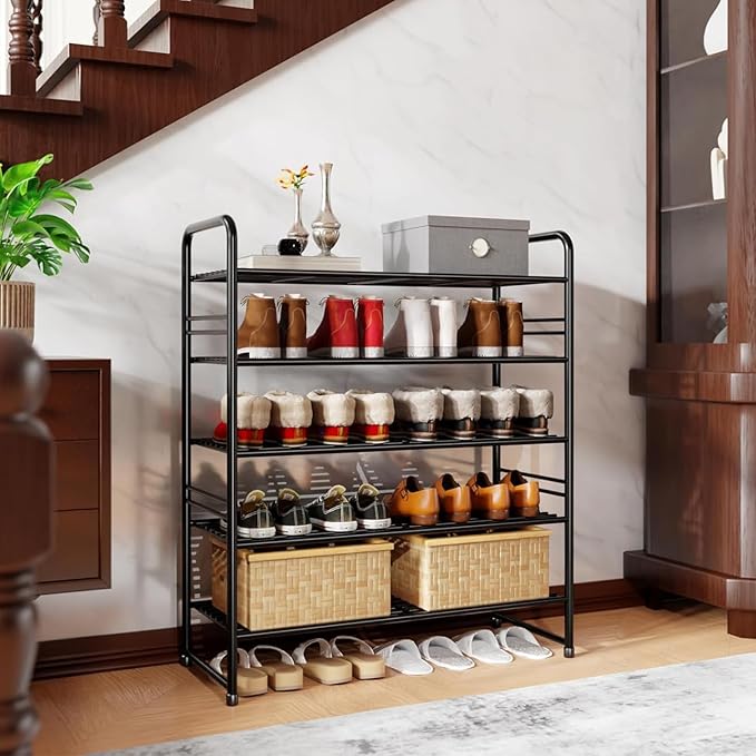 5 Tier Stackable Shoe Rack, 32.5" Wide All Metal Free Standing Shoe Storage Organizer for Entryway, Closet, Black