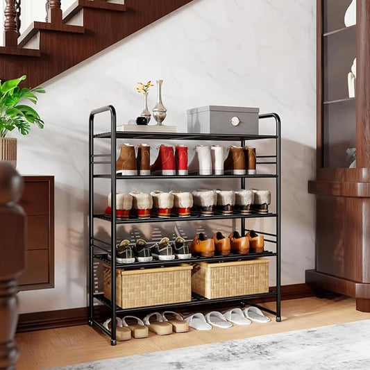 5 Tier Stackable Shoe Rack, 32.5" Wide All Metal Free Standing Shoe Storage Organizer for Entryway, Closet, Black