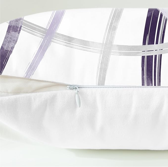 CaliTime Throw Pillow Cases Pack of 2 Cozy Fleece Arc-Shaped Abstract Geometric Lines Decorative Cushion Covers for Couch Bed Sofa Farmhouse Decoration 16 X 16 Inches Deep Purple Grey