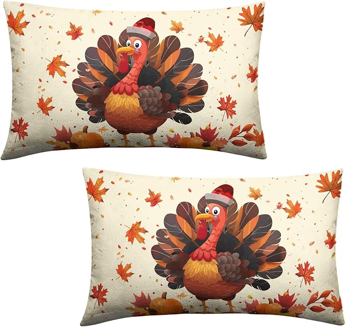 Thanksgiving Pillow Covers 12x20 Set of 2 Turkey Maple Leaves Pumpkin Lumbar Pillow Case Seasonal Fall Harvest Farmhouse Cushion Case for Outdoor Couch Patio