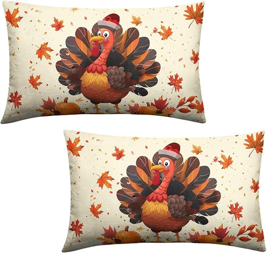 Thanksgiving Pillow Covers 12x20 Set of 2 Turkey Maple Leaves Pumpkin Lumbar Pillow Case Seasonal Fall Harvest Farmhouse Cushion Case for Outdoor Couch Patio