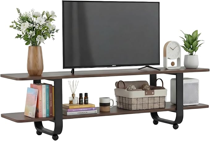 Welnow Walnut TV Stand for 65" TV, Mid Century Modern Entertainment Center with 2-Tier Open Shelves, Versatile Modern TV Console & Table for Living Room & Gaming
