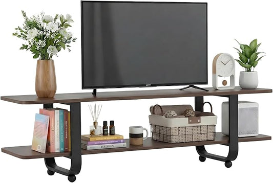 Welnow Walnut TV Stand for 65" TV, Mid Century Modern Entertainment Center with 2-Tier Open Shelves, Versatile Modern TV Console & Table for Living Room & Gaming