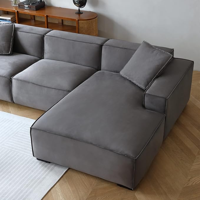 Acanva Modern L-Shaped Deep Sectional Sofa Furniture Set for Living Room Lounge, Minimalist Style Comfy Suedette Upholstery Corner Couch with Chaise, Grey