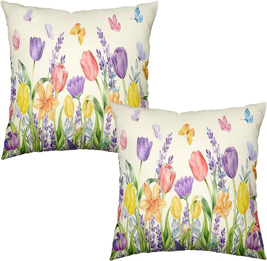 Spring Tulip Floral Pillow Covers 18x18 Set of 2 Watercolor Lavender Daffodils Flowers Throw Pillows Summer Outdoor Farmhouse Pillow Case for Couch Home Sofa Bed Decor