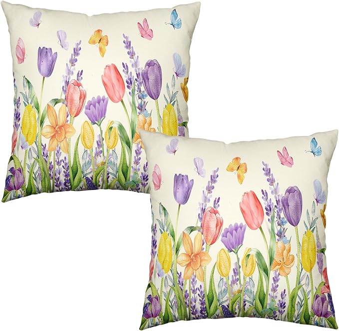 Spring Tulip Floral Pillow Covers 22x22 Set of 2 Watercolor Lavender Daffodils Flowers Throw Pillows Summer Outdoor Farmhouse Pillow Case for Couch Home Sofa Bed Decor