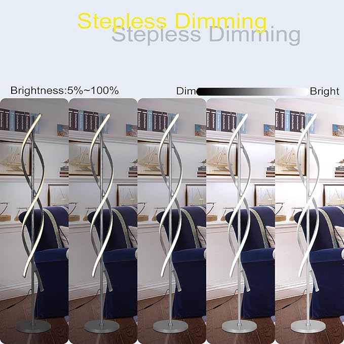Tall Modern Floor Light Lamp for Living Room,Dimmable Spiral Corner Bedside Lamp with Rmoete for Bedroom,LED 3 Color Floor Lamp with Foot Switch for Dining Room(Silver)