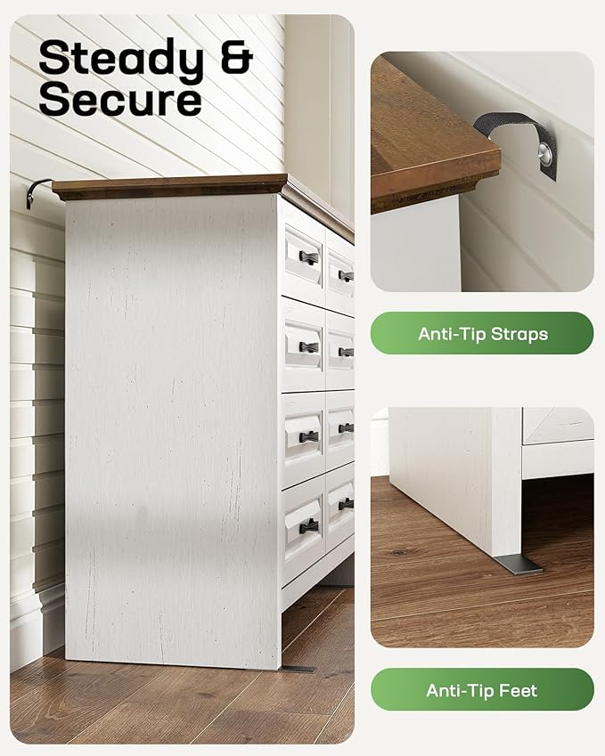 Marsail 8-Drawer Farmhouse Dresser, Solid Wood Storage Space, Sturdy Wide Chest with Smooth Glide Drawers & Anti-Slip Kit, for Bedroom or Hallway, Brown&White