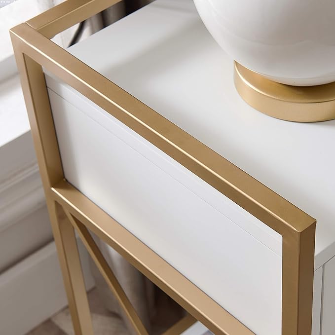 Claudette Solid Wood and Metal Nightstand with Drawer and USB-C Fast Charging Station, White and Gold, Perfect for Bedrooms, Living Rooms, and Offices – Leick Home, 9069-WT