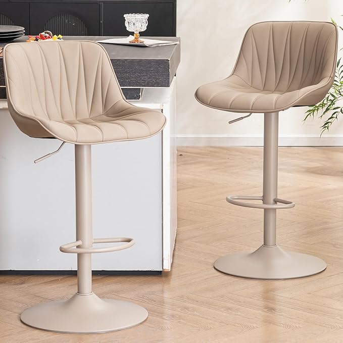 Kidol & Shellder Bar Stools Set of 2 Khaki Adjustable Swivel Counter Height Barstools Upholstered Modern PU Leather Bar Chairs Stools for Kitchen Island