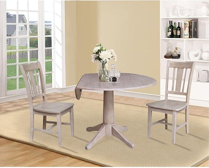 International Concepts 42" Round Top Pedestal 2 Chairs Dining Table, Washed Gray Taupe