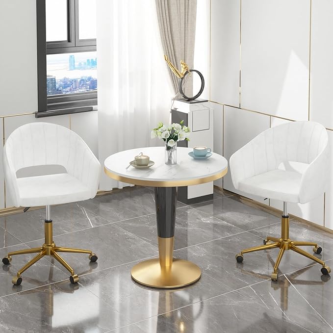 VECELO Velvet Accent Chair, Adjustable Luxury Vanity & Dining Chair with Gold Rolling Base, 360°Swivel Upholstered Armchair for Living Room, Bedroom, Home Office, Pearl White