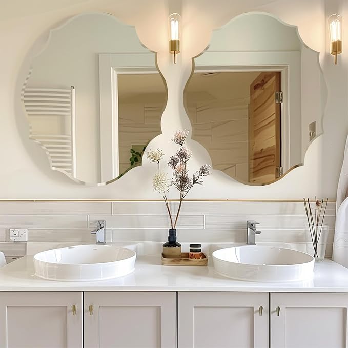 Muzilife 24x31 Frameless Oval Wall Mirror Beveled Scalloped Mirror Silver Wall Mirror with MDF Backplane Over Bathroom Sink for Vanity, Bedroom or Any Other Room in Your Home