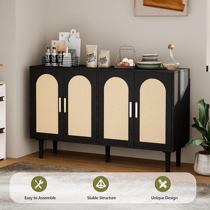 Sideboard Buffet Cabinet with Storage, Retro Rattan Storage Cabinet Kitchen Sideboard Buffet with Artistic Carved Handle for Dining Room Living Room, (Black&Oak)