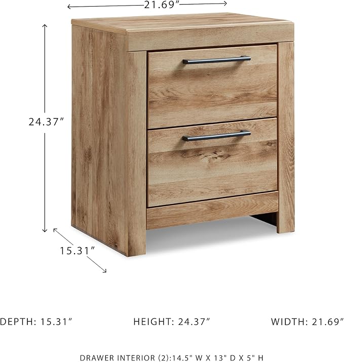 Signature Design by Ashley Hyanna Rustic Contemporary 2 Drawer Nightstand with 2 USB Charging Ports, Wood, 24.37" High, Light Golden Brown Finish