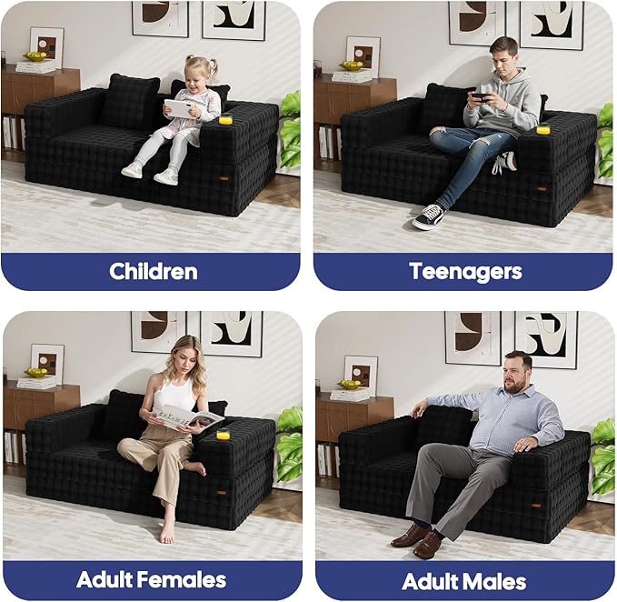 COMAX Futon Sofa Bed, 4‑in‑1 Convertible Sofa Bed, Folding Boneless Couches for Living Room, Fold Out Small Foldable Loveseat Floor Sleeper Comfy Mattress Lounge Space‑Saving, Dark Black | 4-in-1 Convertible, Folding Boneless, Space-Saving, Floor Sleep...
