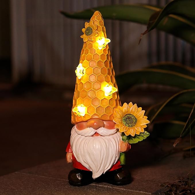 12.3''Garden Gnomes Outdoor Statues Clearance for Garden Decor with Solar Bee Lights,Spring Decorations Gnomes Outside Decor - Sunflower Gift for Women Mom,Yard Art Ornament for Patio Lawn