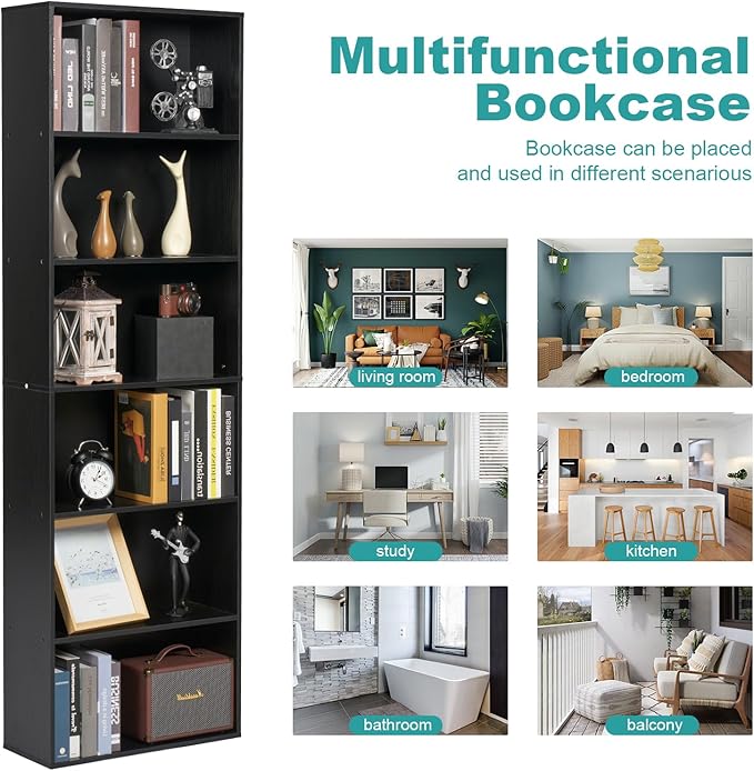 71.5" Tall Bookshelves and Bookcases Set of 2, 6 Tier Display Storage Shelves Home Decor Furniture for Home Office, Living Room, Bed Room (Black, 21.9" Wide)