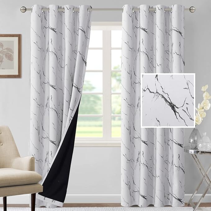 H.VERSAILTEX 100% Blackout Curtains 84 inch Length 2 Panels Set Marble Designs Printed Drapes Thermal Curtains for Bedroom with Black Liner Sound Proof Curtains, Grey