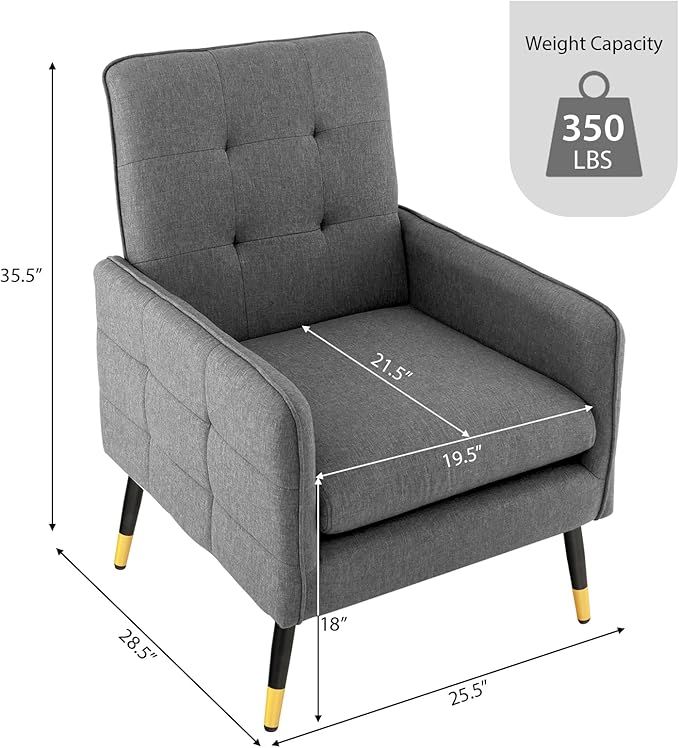 Giantex Modern Mid-Century Accent Chair - Upholstered Armchair with Tufted Back, Metal Legs, Adjustable Foot Pads, Linen Fabric Single Sofa Chair for Reading, Living Room Chair for Bedroom, Grey