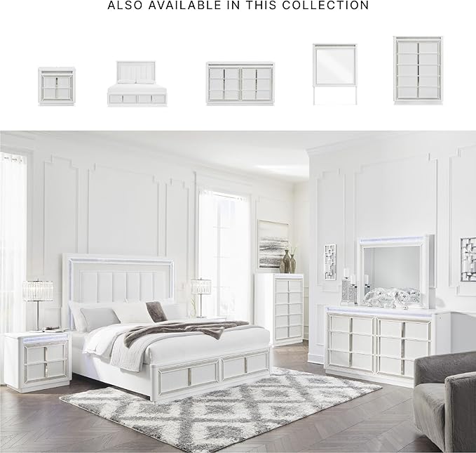 Signature Design by Ashley Chalanna Glam 2 Drawer Nightstand with Felt-Lined Top Drawer, LED Lights, Power Supply and USB Ports, 26.75" Tall, White