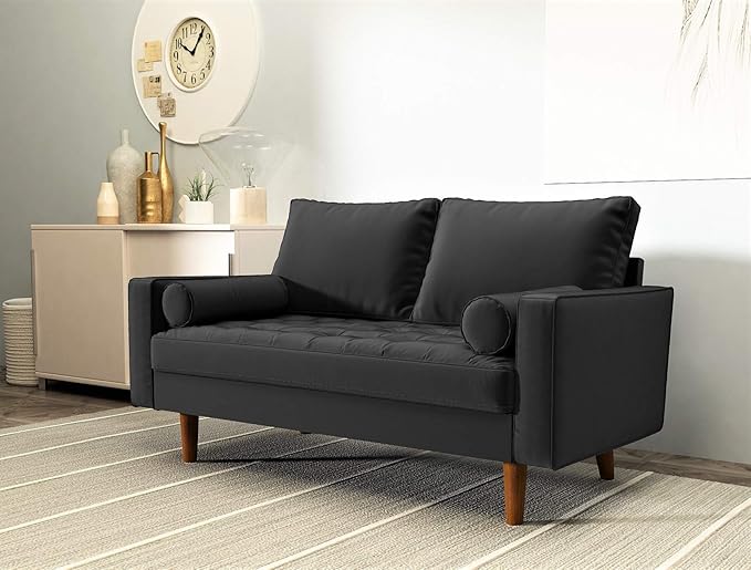 Container Furniture Direct Womble 58 Inch Velvet Loveseat Sofa with Elegant Button Tufted Upholstery, Square Arms, Splayed Wood Legs, Includes Matching Bolster Pillows, Midnight