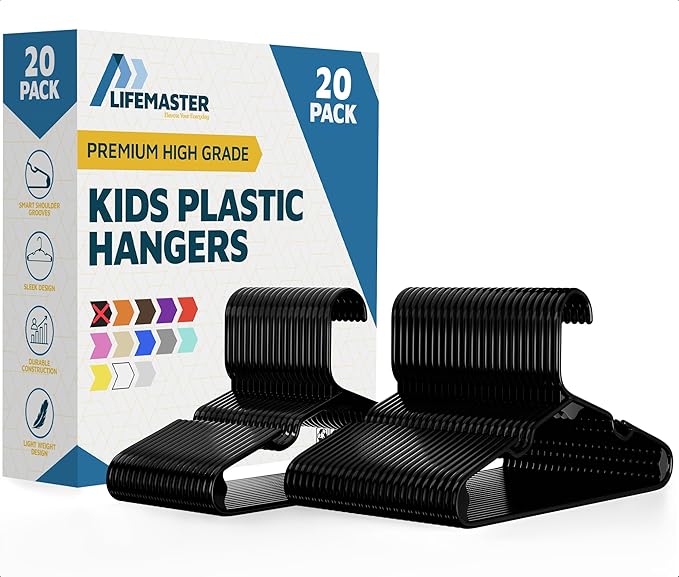 Lifemaster Plastic Kids Clothes Hanger – Children Clothes Hanger with Shoulder Notch, 11.6 Inch Space-Saving Closet Organizer for Baby, Toddler, and Kids Clothing, Hold Up to 5 lbs, Pack of 20, Black