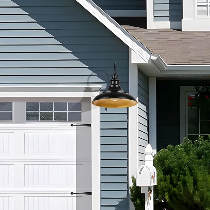 Outdoor Barn Light Fixture, 16 Inch Large Dome Farmhouse Exterior Wall Mount Light, Rustic Wall Sconce Indoor Wall Lighting Fixture, Industrial Black Gold Lantern for Porch, 1 Pack