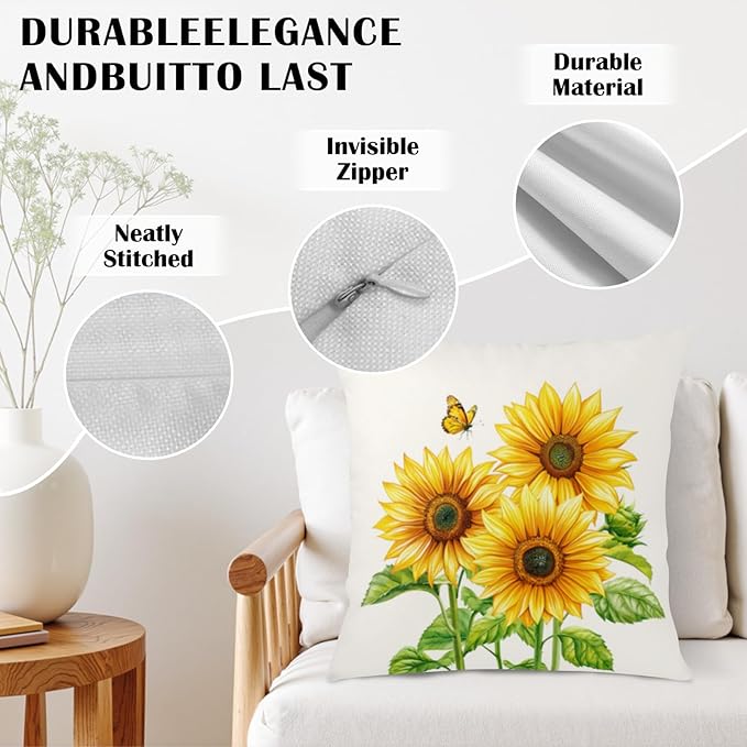 Sunflower Throw Pillow Covers 24x24 Set of 2 Watercolor Yellow Floral Decorative Pillow Cases Summer Outdoor Farmhouse Throw Pillows for Home Couch Sofa Porch Living Room