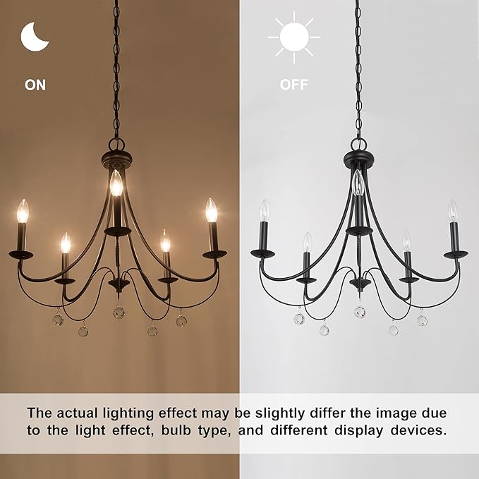 LOG BARN Farmhouse Chandelier, 5-Light Black Chandelier, Modern Dining Room Light Fixture with Crystal Pendants, 24.5” Dia