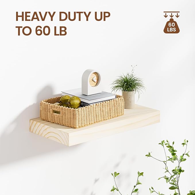 Heimlove 16 Inch Floating Shelves for Wall Solid Wood Shelves Set of 2,Wall Mounted Rustic Wood 8 Inch Deep Floating Shelf with Invisible Brackets for Bedroom Kitchen Living Room