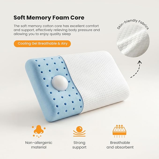 NEWBULIG Cooling Gel Memory Foam Pillow for Neck Pain Relief - Breathable Mesh with Washable Cover Standard Size Bed Pillows for Side & Back Sleepers, CertiPUR-US & Oeko-TEX Certified, 1 PCS, White