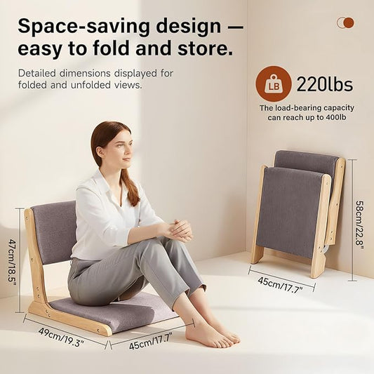 Tiita Tatami Foldable Meditation Floor Chair, Folding Floor Chairs Seat, Portable Japanese Legless Chair, Lazy Sofa for Bay Window Reading, Back Rest Chairs with Cushion, Wood Grey