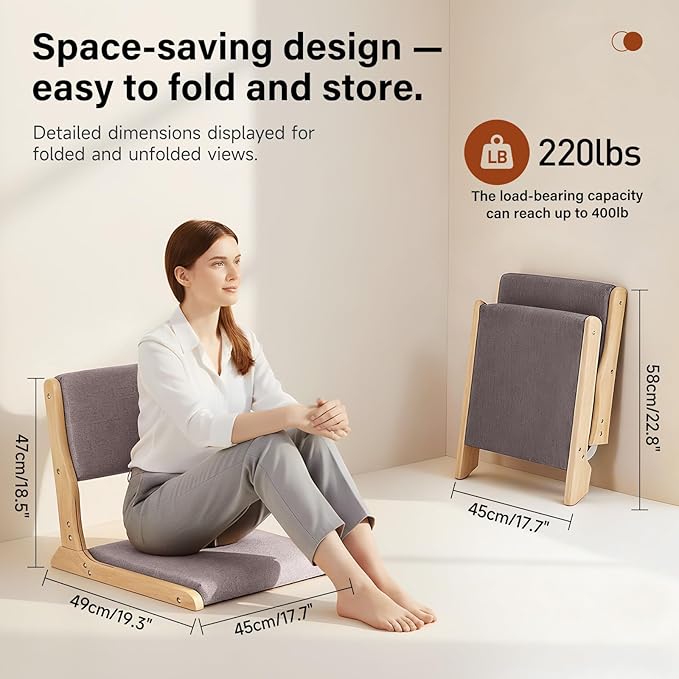 Tiita 2Pcs Floor Games Chair, Foldable Meditation Tatami Chairs, Backrest Chair with Cushion, Living Room Chair Seat, Wood Grey