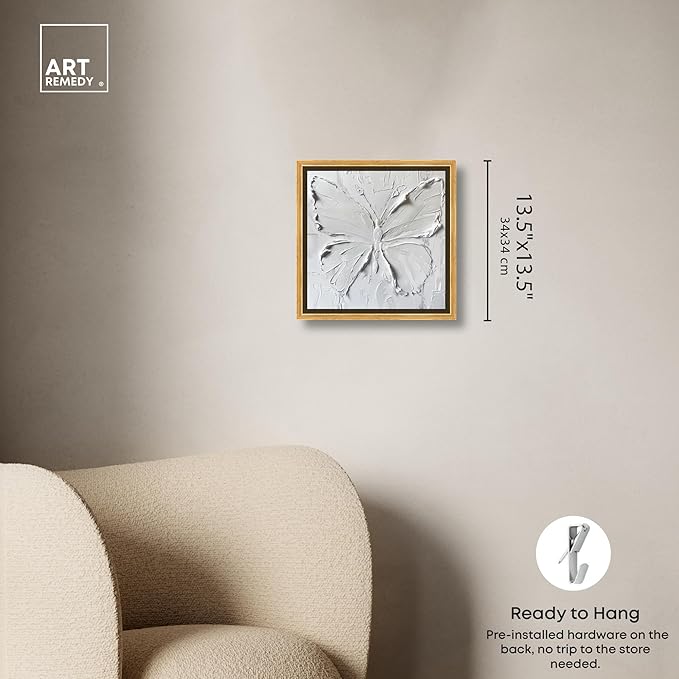Art Remedy White Butterfly Canvas Elegant White Gold Wall Art, Gold Frame, 12" x 12"