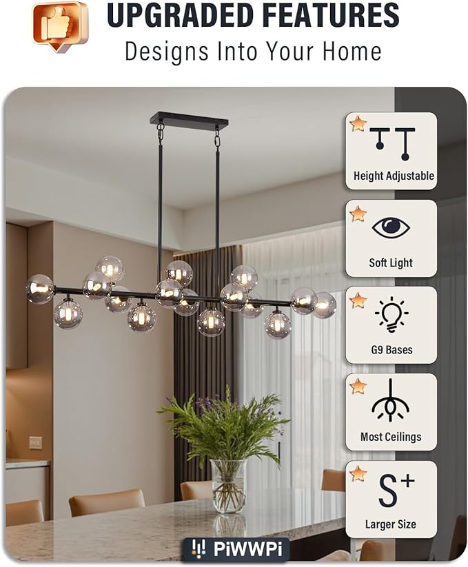 Modern Chandeliers for Dining Room Kitchen Island, 55" Long Large Linear Sputnik Globe Chandelier, 16-Light Mid Century Modern Light Fixture Over Table, Black and Smoke Grey Bubble, GC-08