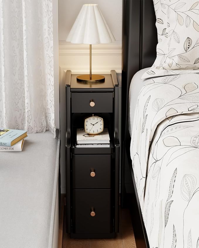 Narrow Nightstand with 3 Drawers,Solid Wood Narrow Bedside Table Black, Modern Skinny Nightstand for Bedroom(Fully Assembly)
