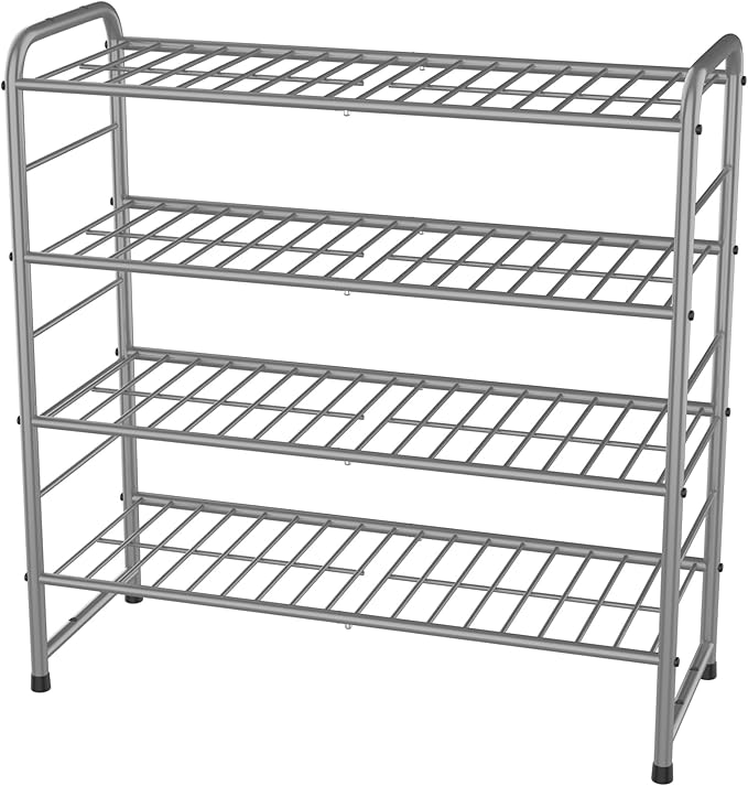 4-Tier Stackable Shoe Rack,Expandable & Adjustable Shoe Organizer Storage Shelf,High Capacity,Wire Grid,Silver