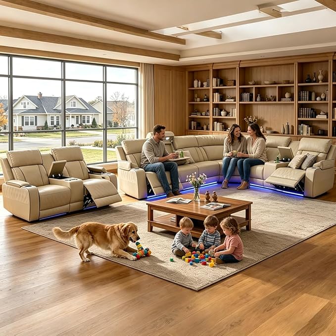 Power Reclining Sofa Set with LED Light, Living Room Furiture Set,Leather Reclining Sectional Couch with USB Port/Cup Holder for Living Room Home Office