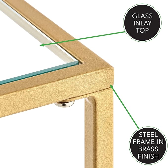 mDesign Glass Top Side/End Table - Small Minimalistic Square Geometric Accent Metal Nightstand Furniture for Living Room, Dorm, Home Office, and Bedroom - Soft Brass