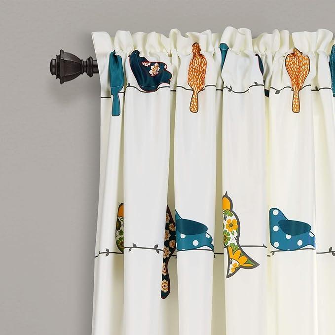 Lush Decor Rowley Birds Light Filtering Window Curtain Panels, Pair, 52" W x 84" L, Multi - Colorful Floral Print - Whimsical & Playful Bird Curtains For Bedroom, Living Room, Or Dining Room