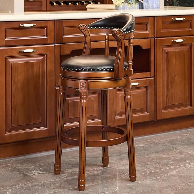 Cow top Leather Wooden Bar Stools, 29.5" Height Bar Chair with Back, 180 Degrees Swivel Bar Stools Chair for Home Kitchen Counter,Restaurant (Black-2pcs, Bar Seat Height 29.5in)