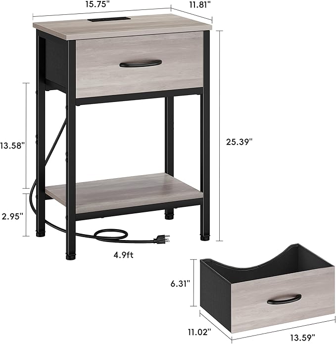 Vagusicc Nightstand with Charging Station, End Table with Fabric Drawer, Small Side Table with 2-Tier Storage Shelves, 25.4" Tall Night Stand, Bedside Table for Bedroom, Living Room, Dorm, Greige