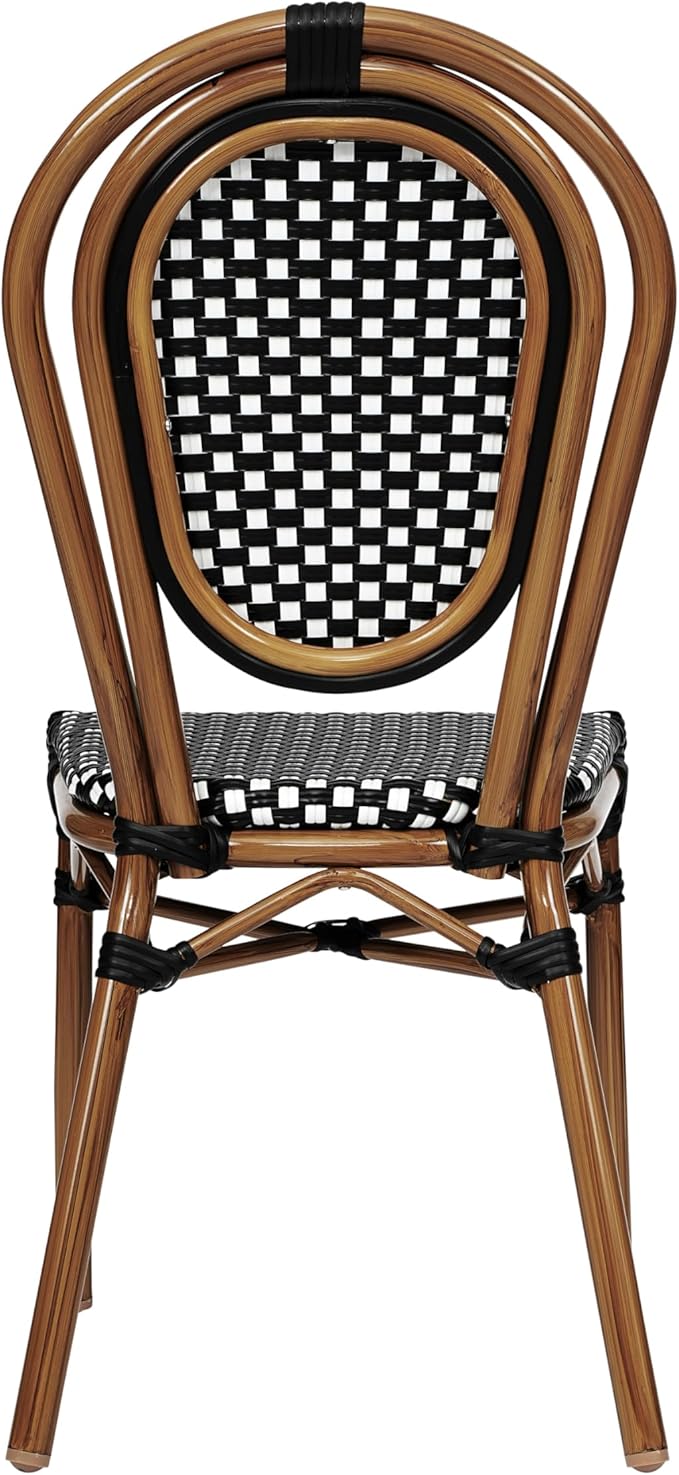 Flash Furniture Lourdes Indoor/Outdoor Commercial Thonet Bistro Stack Chair - Black/White PE Rattan Back and Seat - Natural Bamboo Print Metal Frame - 2 PK