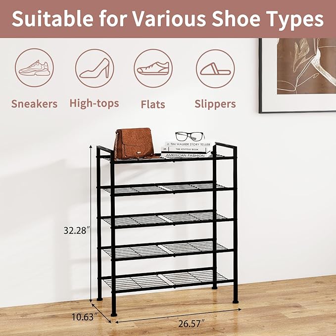 5-Tier Shoe Rack, Metal Storage Shelves for Closet Entryway, Tall Narrow Unit for Small Spaces, Multi-Purpose Organizer for Bedroom Garage, Easy Assembly, Black